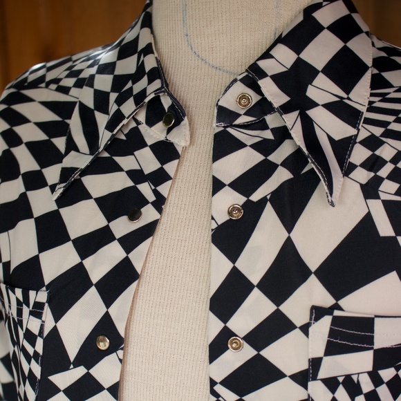Vintage BEBE DISCO Black & White Checkered Long Sleeve Button Down Blouse - Picture 5 of 17